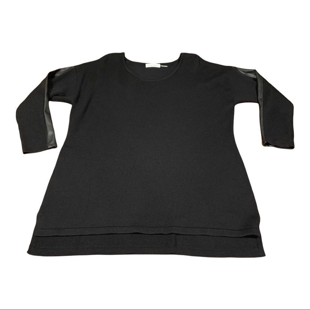 Calvin Klein Women’s Black Wool Blend Scoop Neck High Lo Sweater Faux Leather